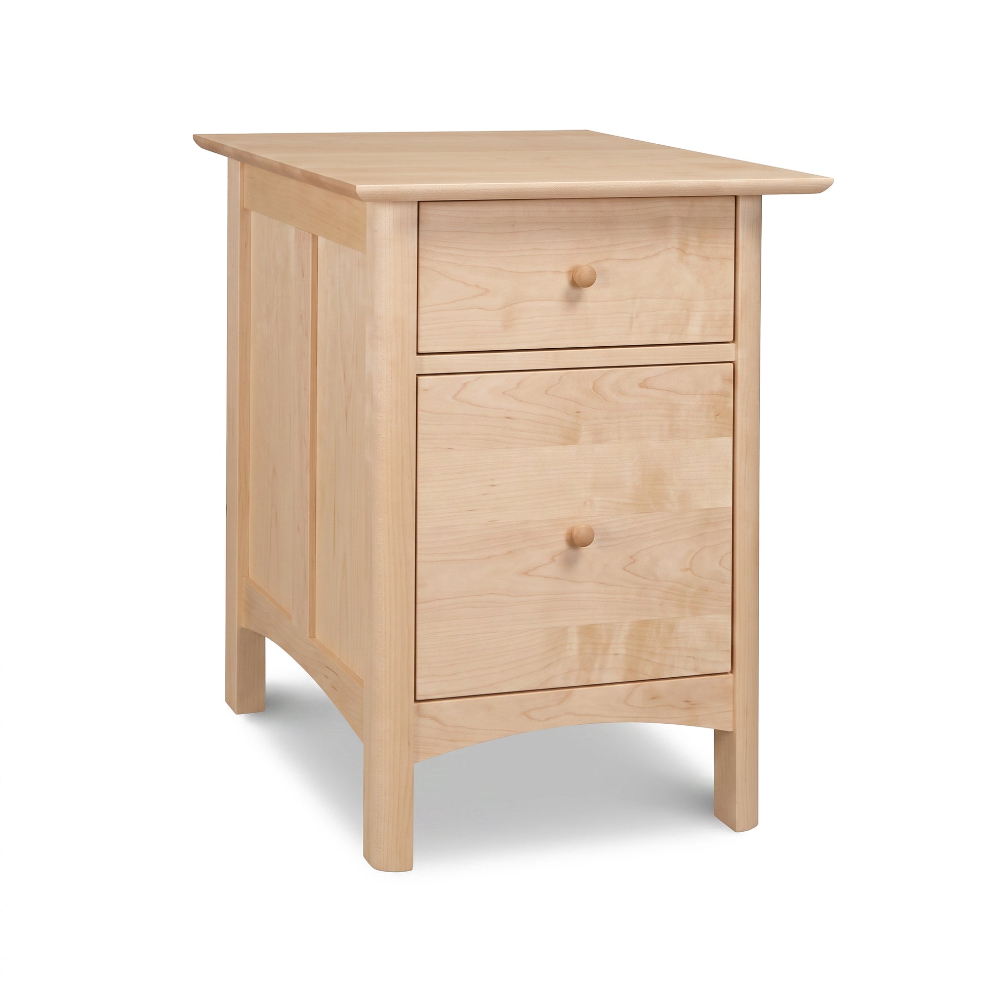 Light wood nightstand with two drawers and round knobs, crafted in the classic Shaker style by Vermont Woods Studios.