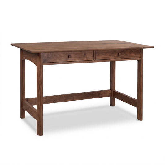 Heartwood Shaker Writing Desk by Vermont Furniture Designs featuring handcrafted hardwood, two drawers, smooth rectangular top, and sturdy legs.