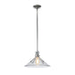 Industrial-style Hubbardton Forge Henry Pendant with transparent conical glass shade and visible filament bulb.