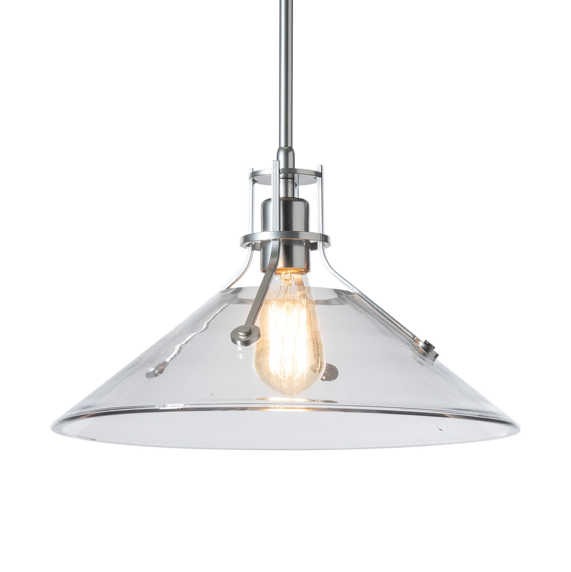 Hubbardton Forge Henry Medium Glass Shade Pendant featuring industrial-modern design with a clear cone-shaped shade and visible bulb.