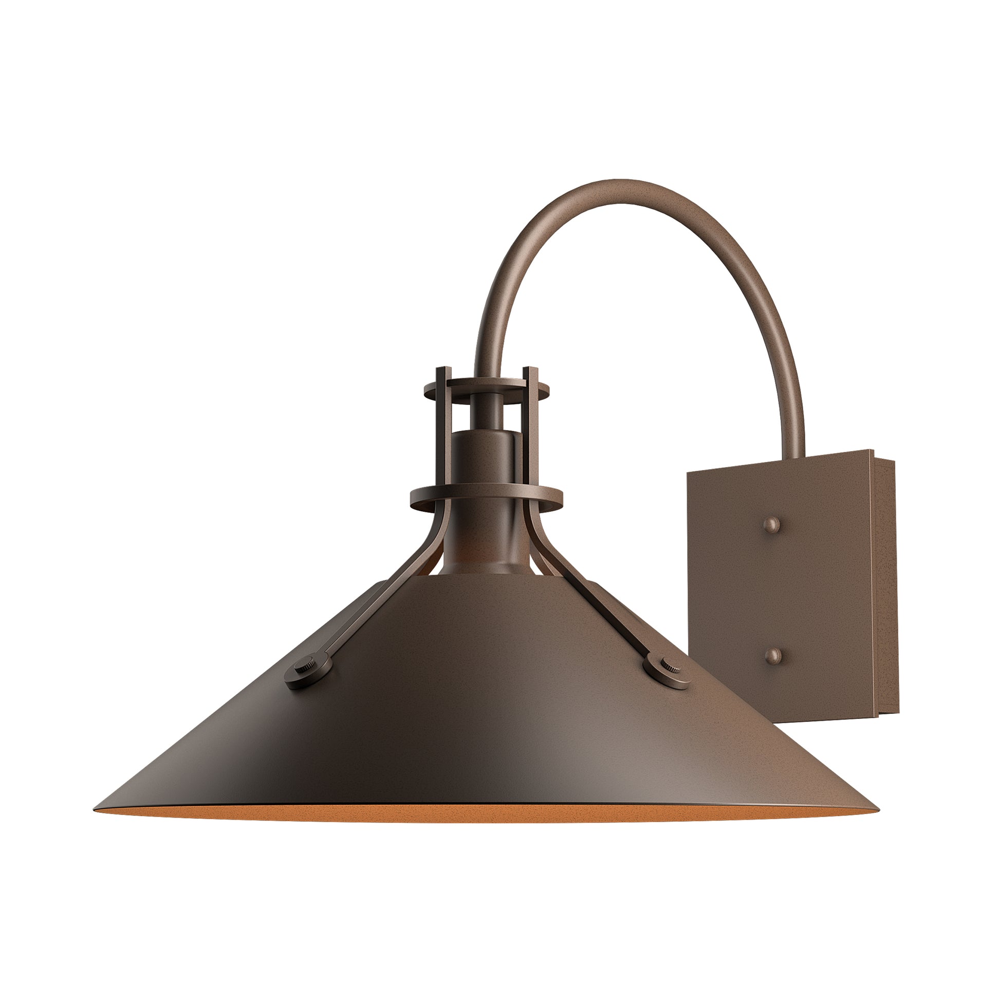 Henry Large Outdoor Sconce by Hubbardton Forge with wide brown conical shade and curved arm, crafted in the USA for quality outdoor lighting.