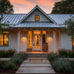 Beautiful American-made wooden furniture showcased on the porch of a modern farmhouse, highlighted by warm sunset lighting.