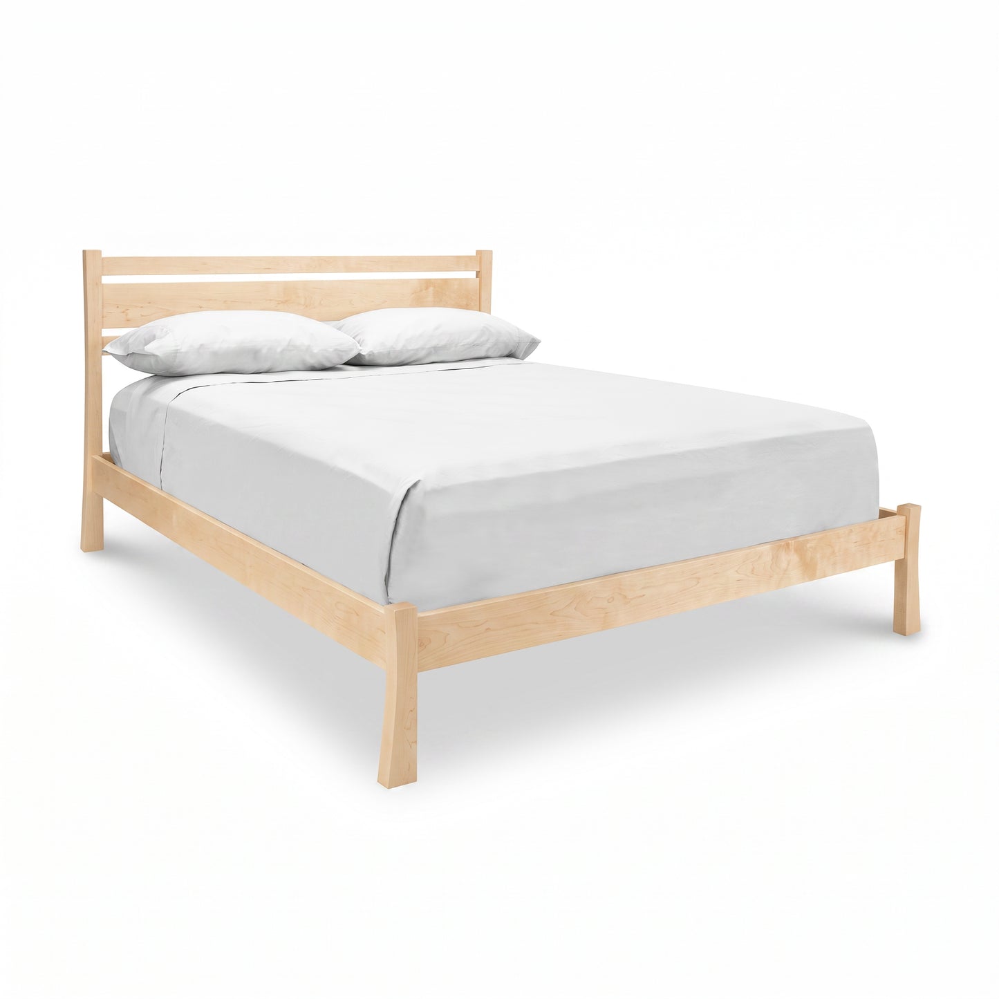 Vermont Furniture Designs Horizon Platform Bed in light wood finish with white bedding and pillows, crafted in America for lasting quality.