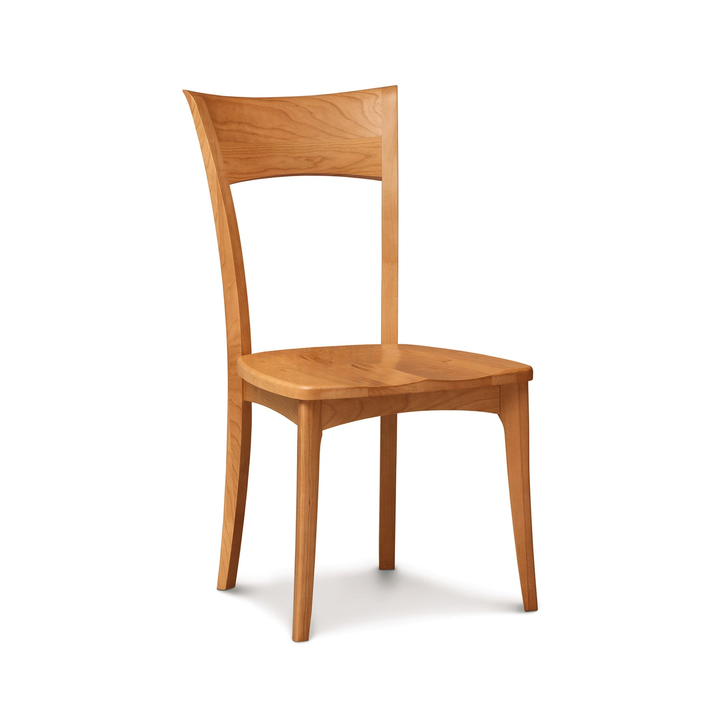Ingrid Chair by Copeland Furniture crafted from solid cherry, featuring a curved backrest and flat seat. American made, fine craftsmanship.