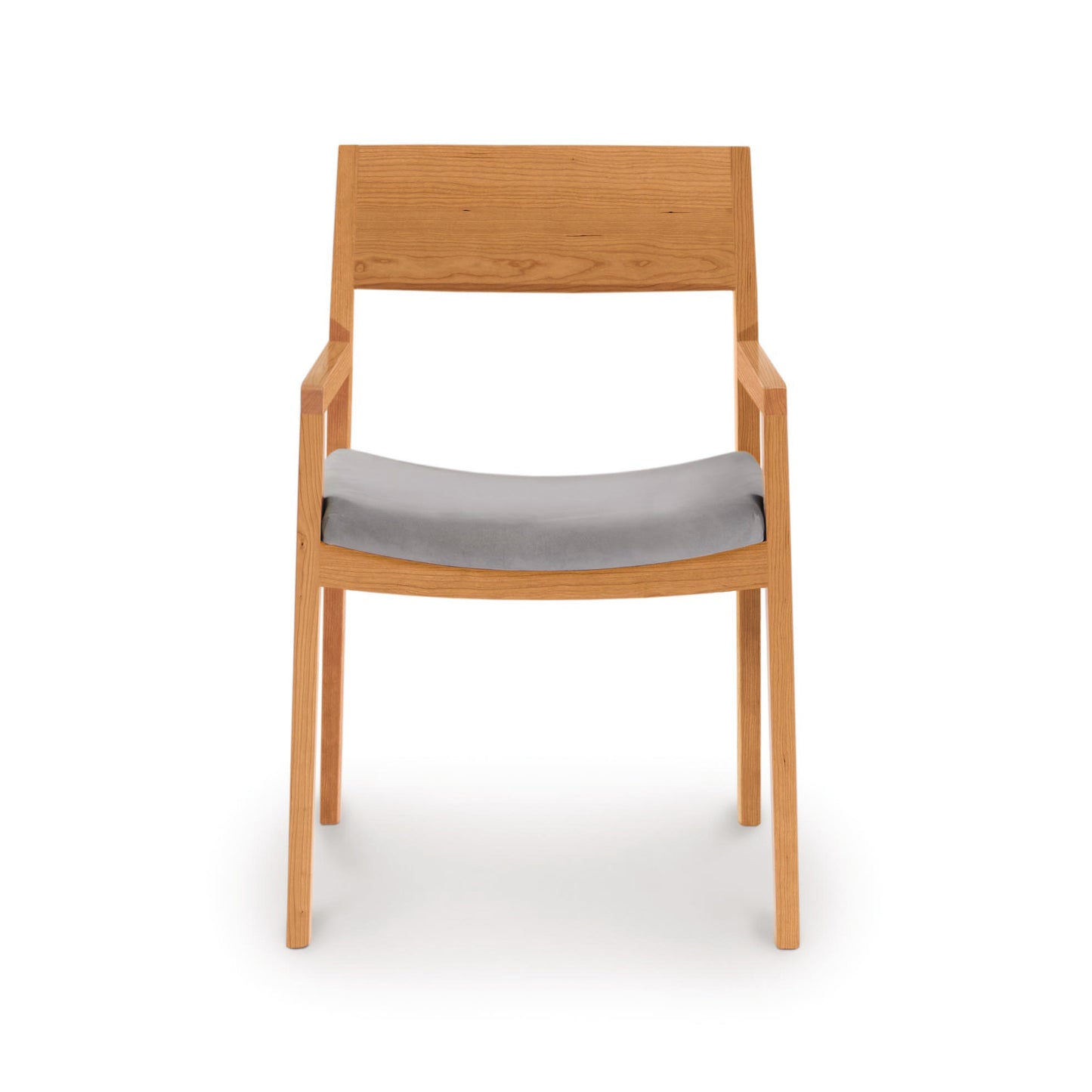 Copeland Furniture Iso Chair crafted from sustainable hardwood, featuring a straight back, armrests, and gray upholstered seat.