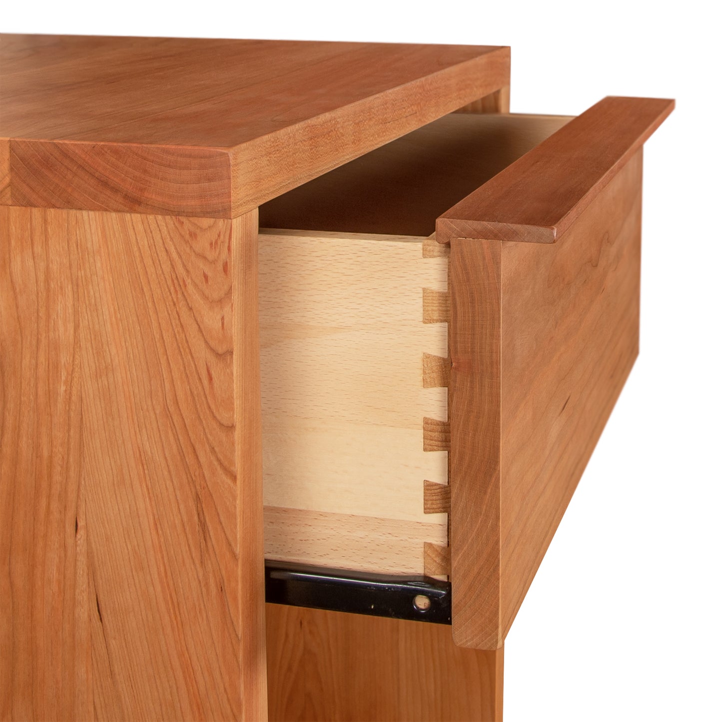 Kipling 1-Drawer Enclosed Shelf Nightstand from Vermont Furniture Designs showcasing modern design with a partially open drawer revealing natural wood charm.
