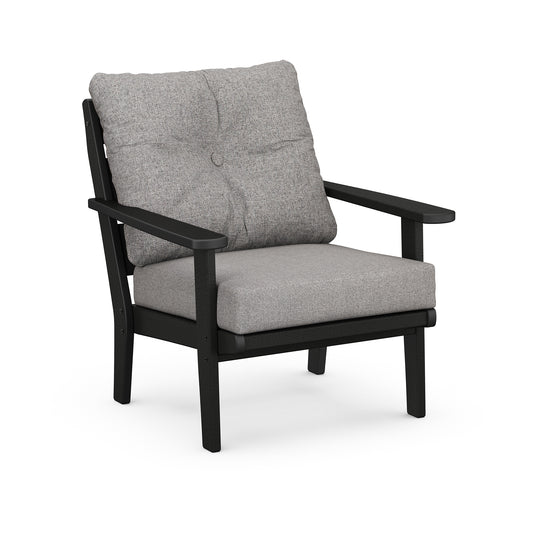 POLYWOOD Lakeside Deep Seating Chair with black frame and light gray cushions.
