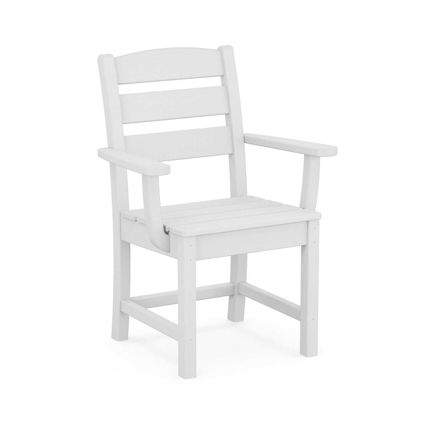 Discontinued POLYWOOD Lakeside Dining Arm Chair with a white slatted seat and back, highlighting its classic design and craftsmanship.