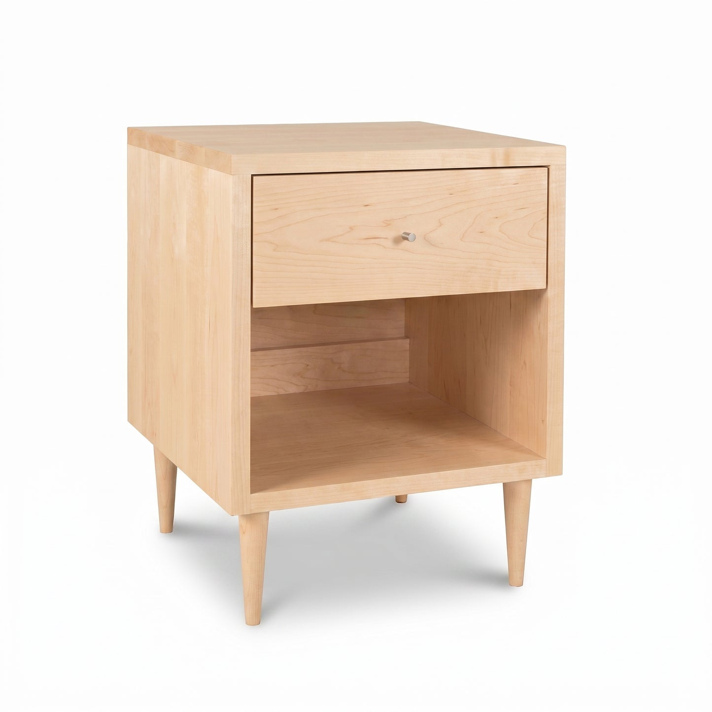 Larssen 1-Drawer Enclosed Shelf Nightstand by Vermont Furniture Designs in light wood, showcasing mid-century modern craftsmanship and American-made quality.