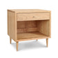 Larssen 1-Drawer Wide Nightstand by Vermont Furniture Designs, featuring mid-century design with a natural finish, tapered legs, an open shelf, and single drawer.