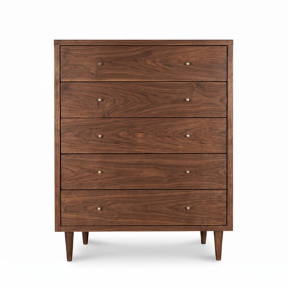 Larssen 5-Drawer Wide Chest by Vermont Furniture Designs, mid-century modern style with slender legs and round metal knobs, crafted in the USA.