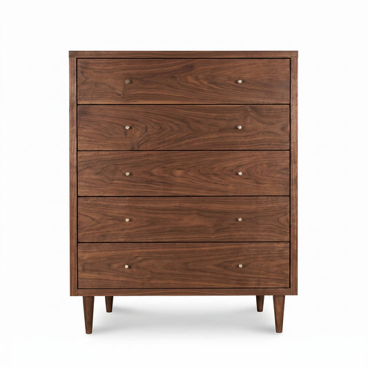 Larssen 5-Drawer Wide Chest by Vermont Furniture Designs, mid-century modern style with slender legs and round metal knobs, crafted in the USA.