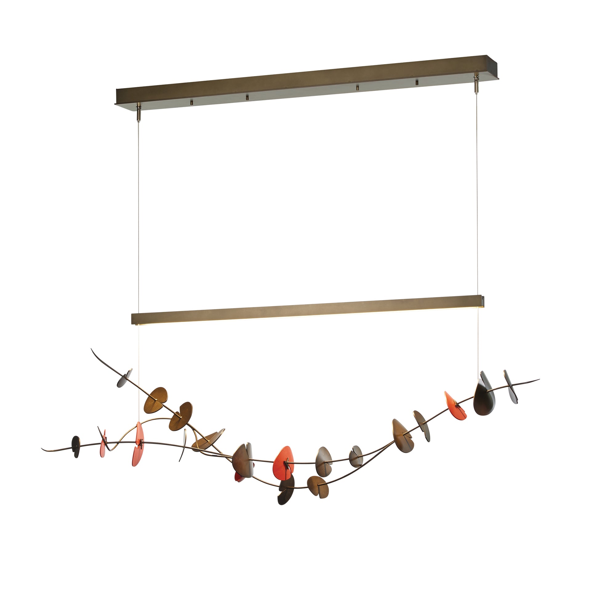 Modern Lily LED Pendant by Hubbardton Forge with dual metal bars and colorful discs, featuring energy-efficient LED lights.