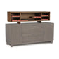 Copeland Linear Office Organizer in gray solid wood, featuring two drawers, spacious cabinets, and an open bookshelf for storage and organization.