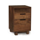 Copeland Linear Narrow File Cabinet with Cubby showcasing two drawers, a shelf, and block legs with black handles.