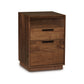 Linear Narrow Rolling File Cabinet by Copeland Furniture featuring two drawers with black handles and an open shelf for storage.