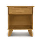 Linn nightstand by Copeland Furniture featuring angled legs, a drawer, and shelf in solid wood.