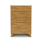 Linn 5-Drawer Wide Chest by Copeland Furniture, featuring Mid-Century Modern design with sleek cutout handles, upcycled hardwood construction, and angled legs.