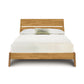 Copeland Furniture Linn Platform Bed in cherry, queen size, showcasing fine craftsmanship with white bedding and a green accent pillow.