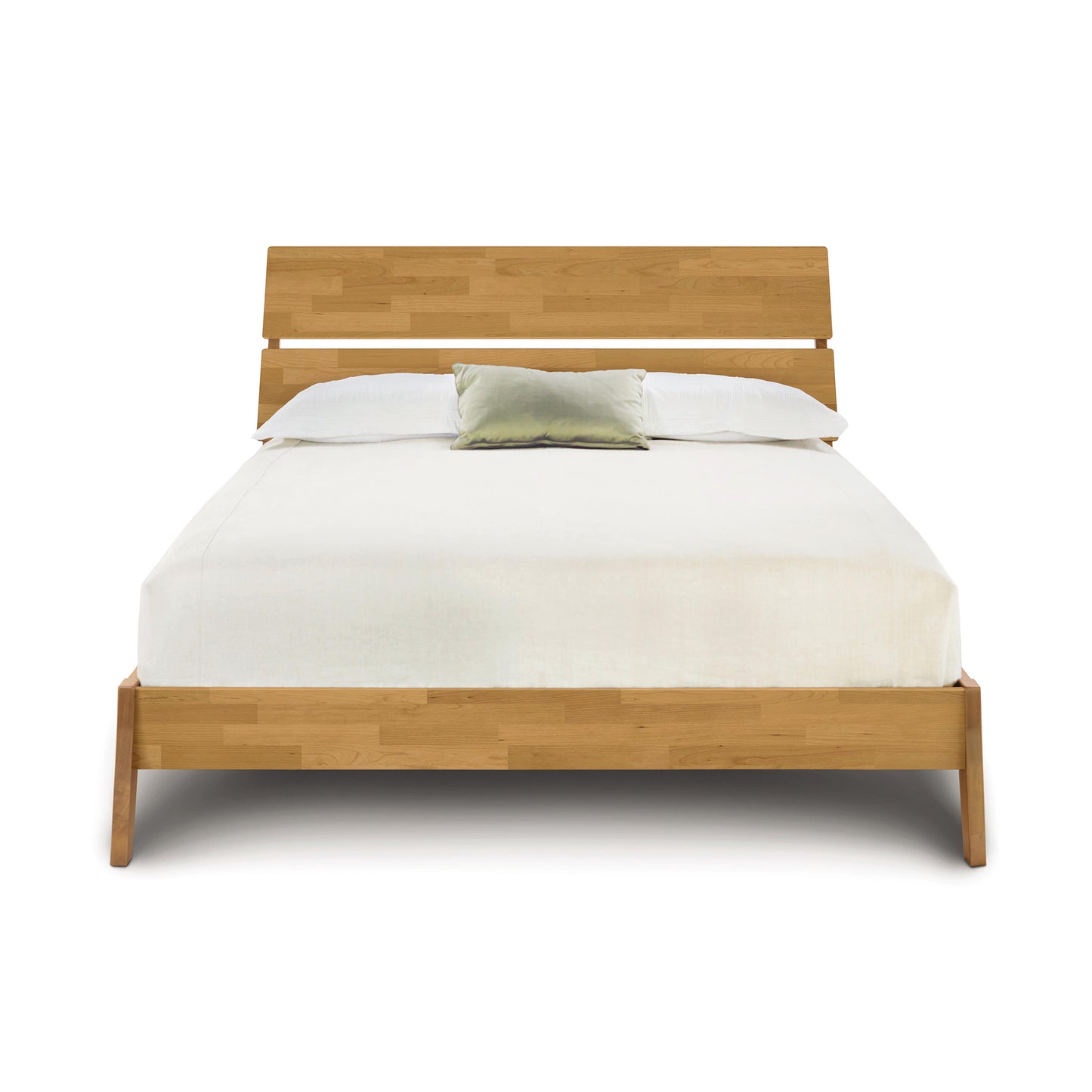Copeland Furniture Linn Platform Bed in cherry, queen size, showcasing fine craftsmanship with white bedding and a green accent pillow.