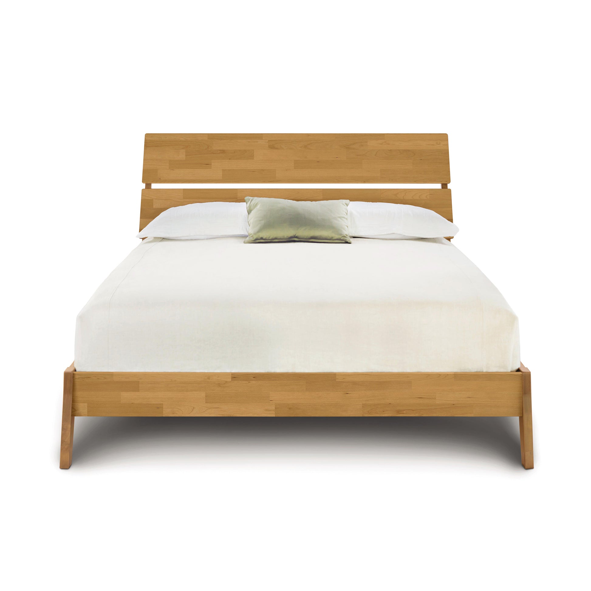 Copeland Furniture Linn Platform Bed in cherry, queen size, showcasing fine craftsmanship with white bedding and a green accent pillow.