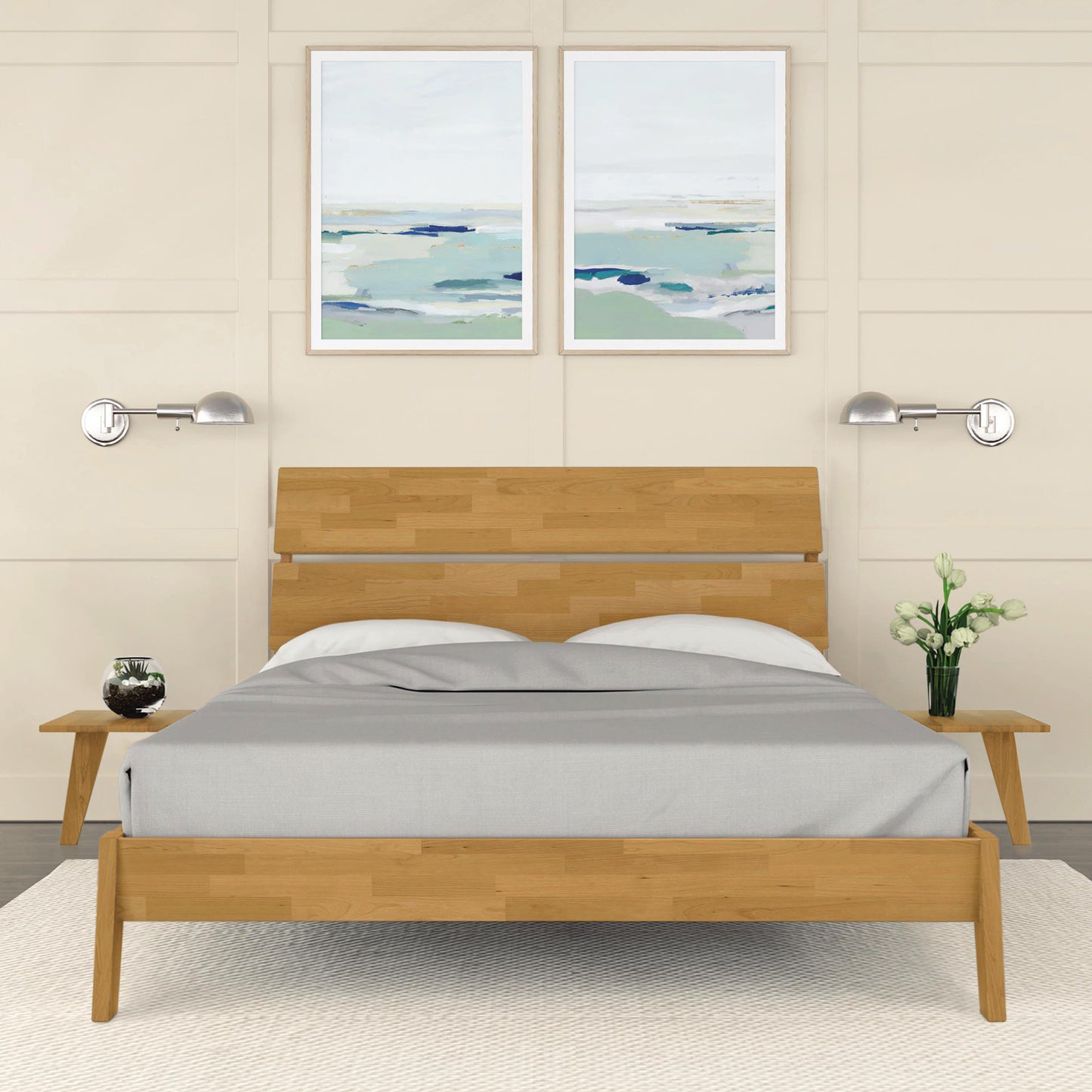 The Linn Platform Bed by Copeland Furniture, showcasing its sleek design and craftsmanship, serves as the focal point of the room.
