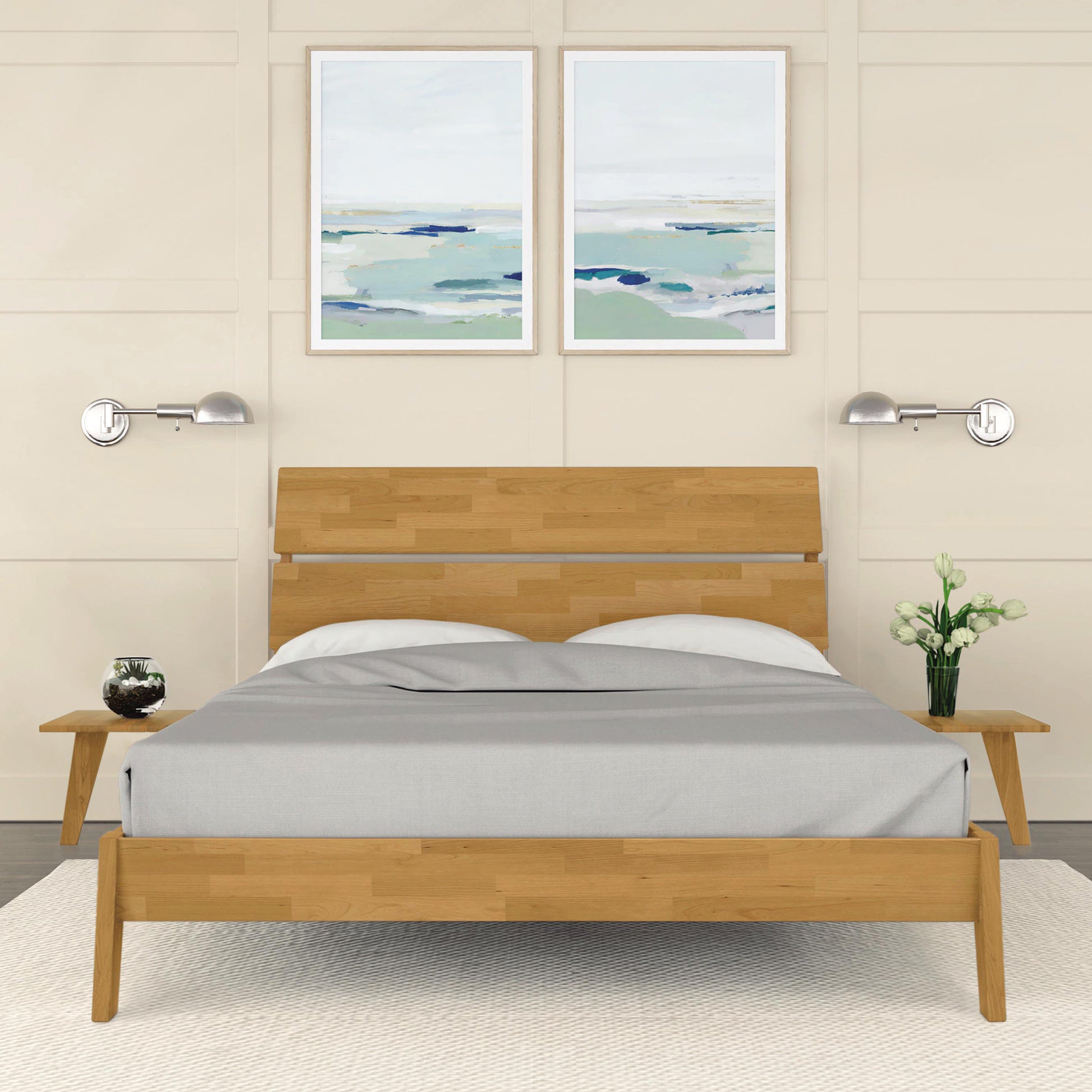 The Linn Platform Bed by Copeland Furniture, showcasing its sleek design and craftsmanship, serves as the focal point of the room.