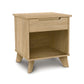 Linn nightstand by Copeland Furniture with a drawer, open shelf, and four angled legs made from sustainably crafted solid wood.