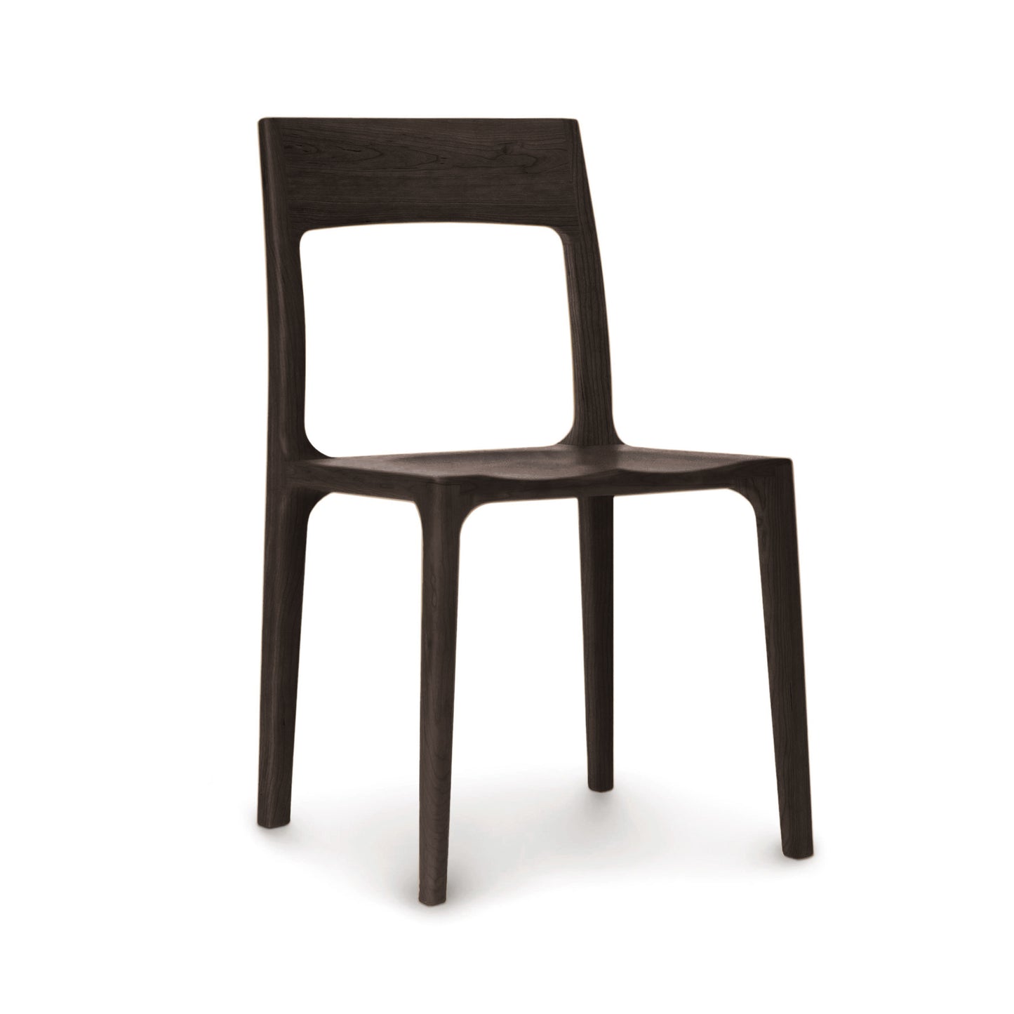 Copeland Furniture Lisse Dining Chair in dark wood with a rectangular backrest and no armrests, highlighting its elegant craftsmanship.