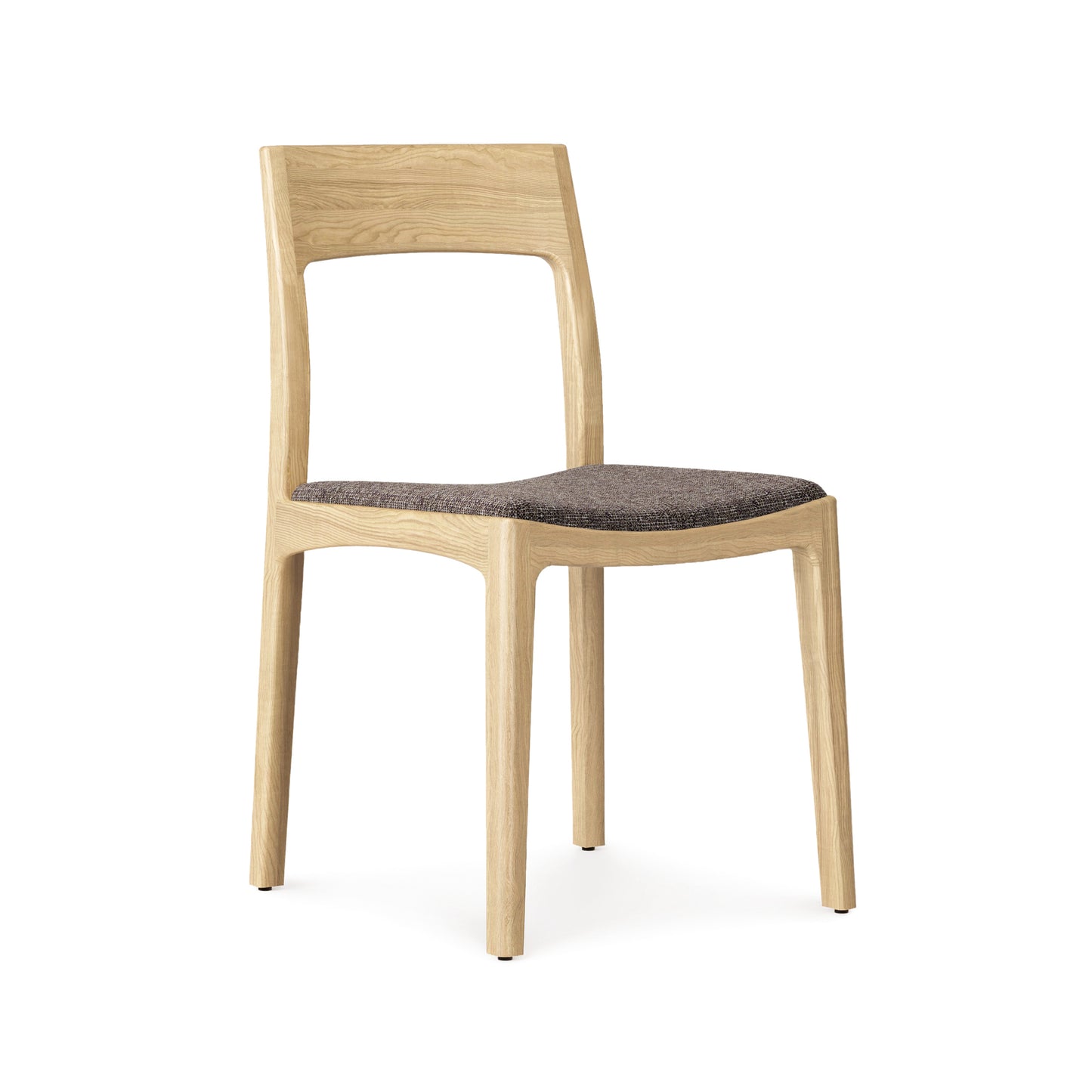 Lisse Dining Chair by Copeland Furniture, crafted in Vermont, features a sleek solid wood frame and brown upholstered seat, showcasing fine American craftsmanship.
