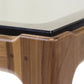Copeland Furniture Lisse table corner with walnut glass top and minimalist design featuring two round inlaid dots.