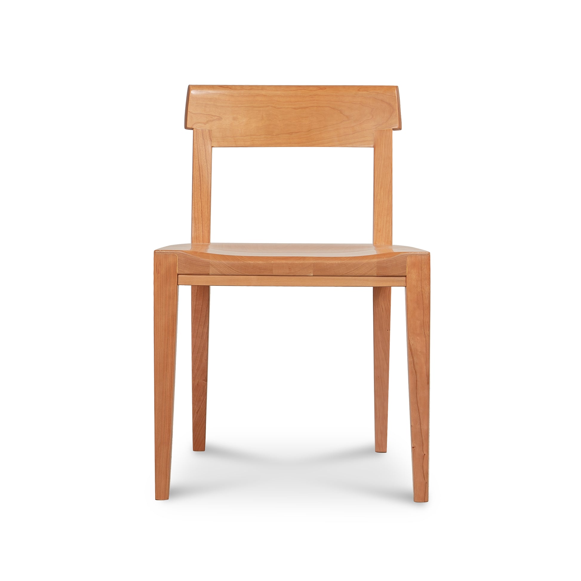 Ludlow Side Chair floor model by Vermont Woods Studios with flat seat, straight backrest, and four legs, shown from the front.
