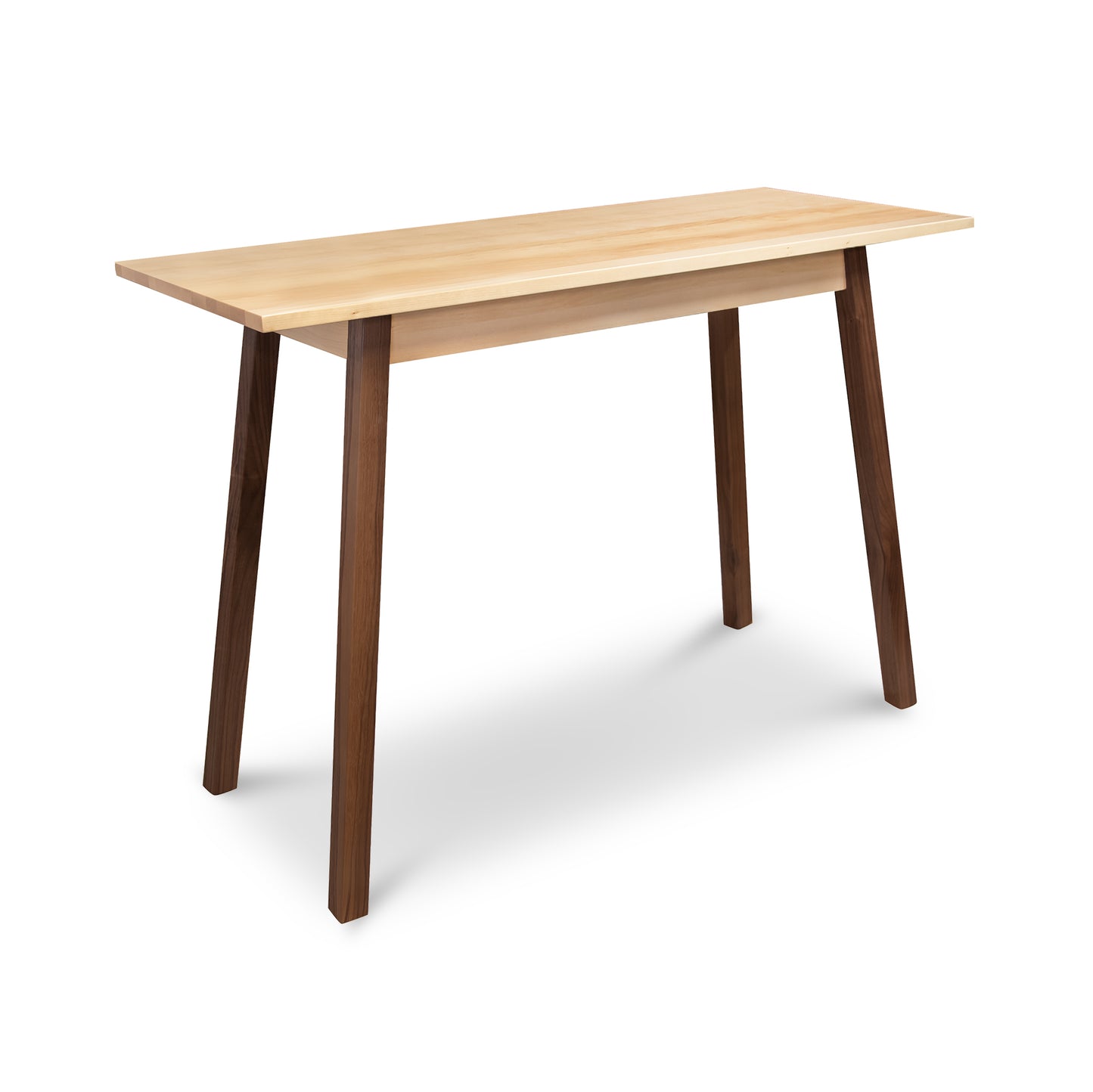 Manchester Two-Tone Compact Desk with light wood top and dark angled legs, showcasing modern design and American craftsmanship.