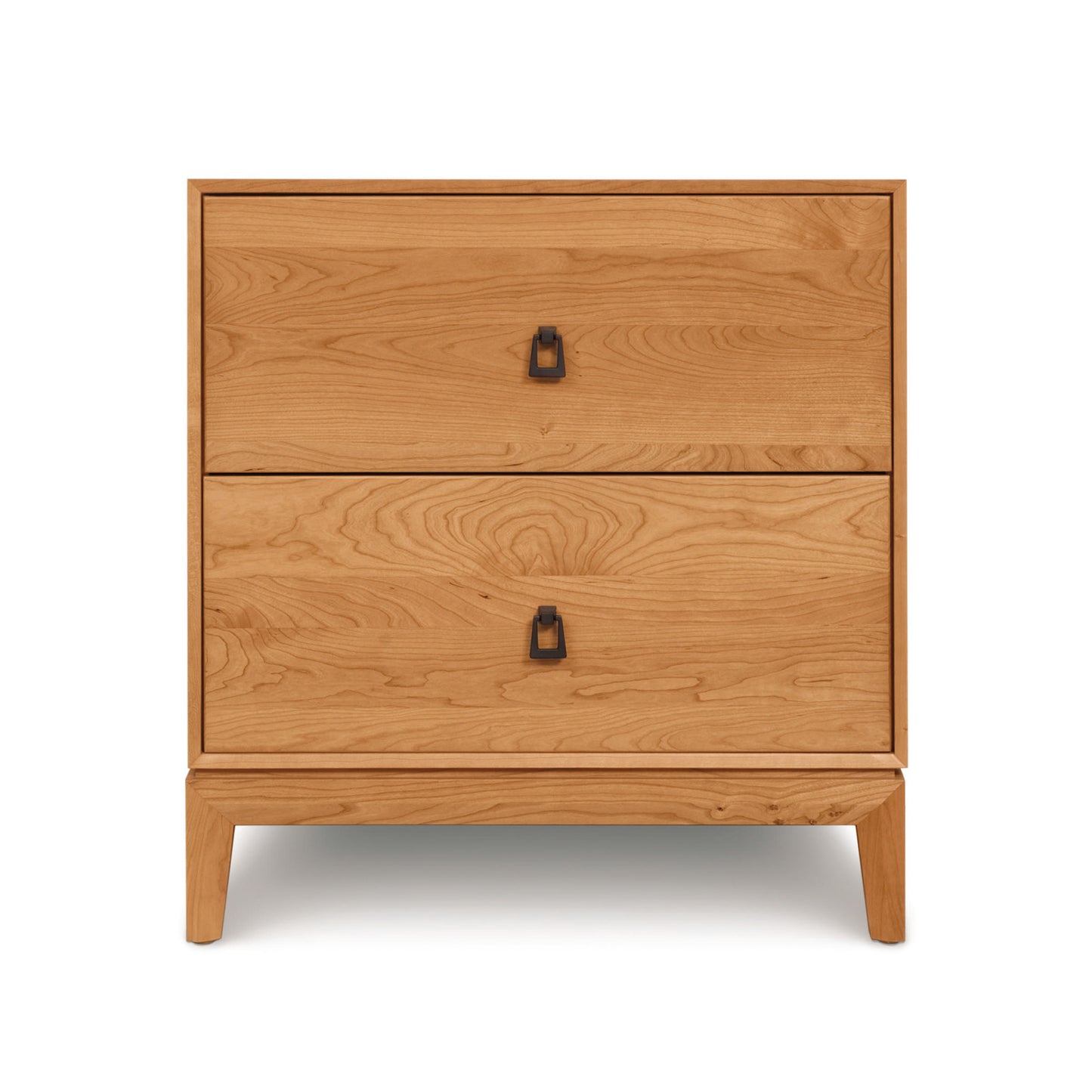 Copeland Furniture Mansfield 2-Drawer Nightstand with Arts & Crafts style, black handles, smooth finish, and short legs.