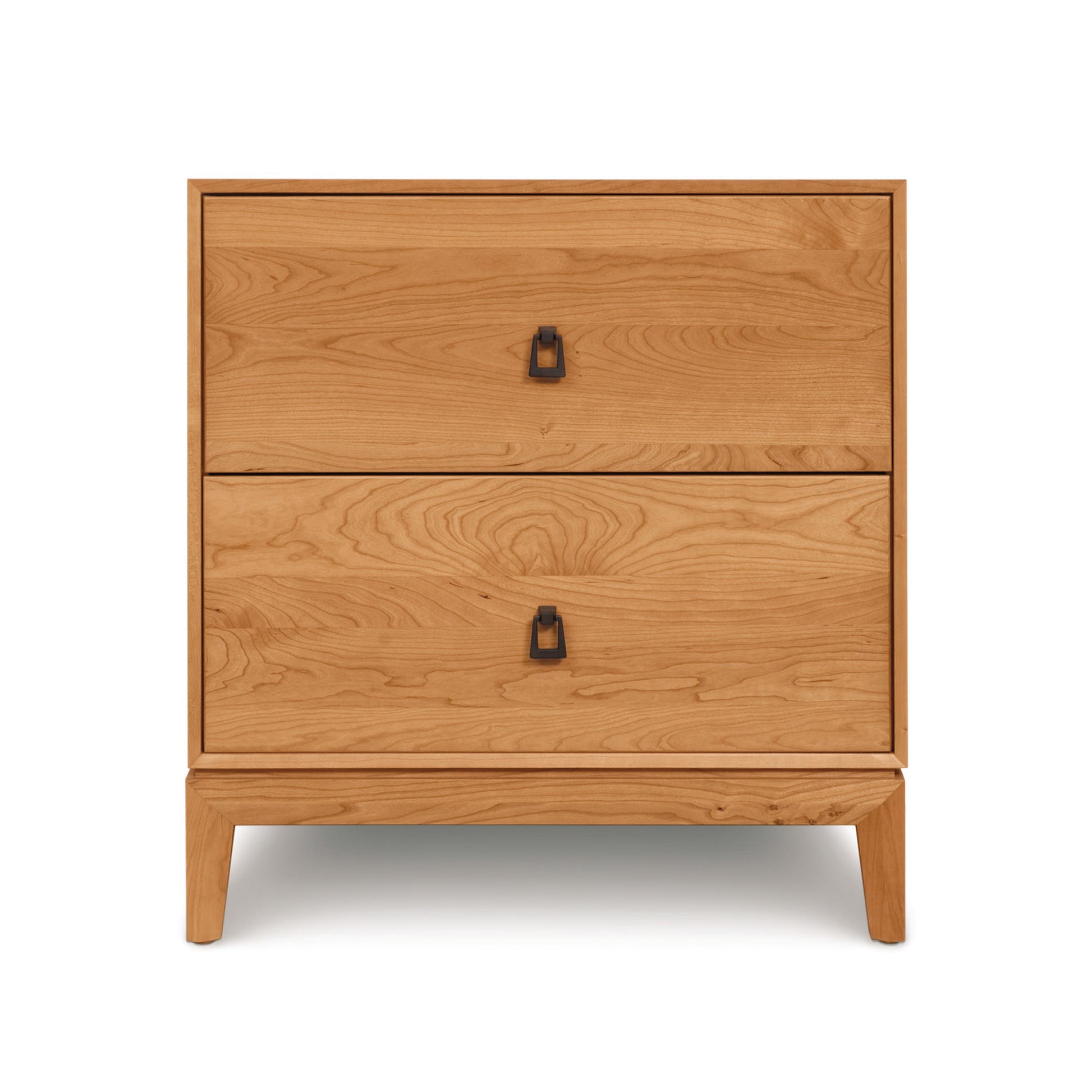 Copeland Furniture Mansfield 2-Drawer Nightstand with Arts & Crafts style, black handles, smooth finish, and short legs.