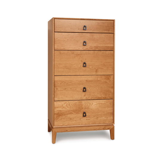 Mansfield 5-Drawer Narrow Chest in solid natural wood with metallic handles by Copeland Furniture.