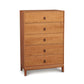 Mansfield 5-Drawer Wide Chest by Copeland Furniture featuring a simple design with dark handles.