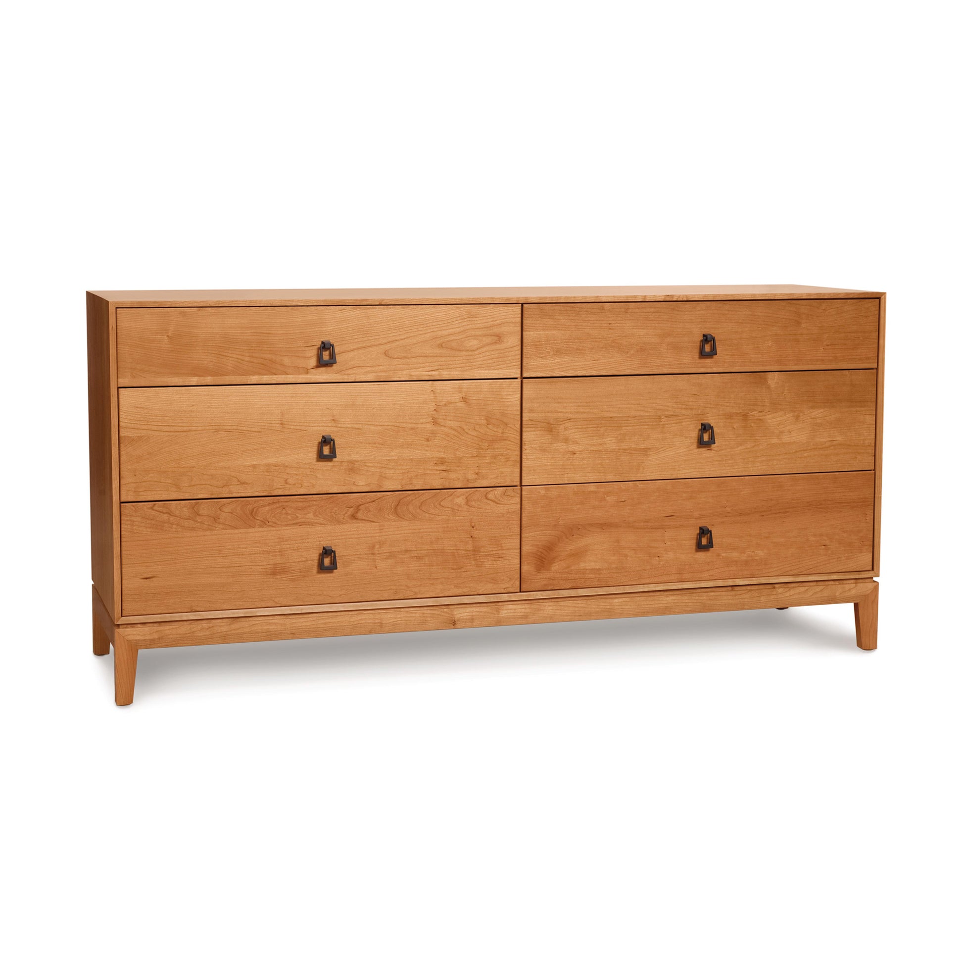 Mansfield 6-Drawer Dresser in light brown cherry finish with minimalist design and black handles by Copeland Furniture.