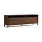 Mansfield Media Cabinet by Copeland Furniture with open shelves, two drawers, dark walnut finish, and short legs. American made craftsmanship shown.