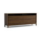 Mansfield Media Console by Copeland Furniture features two doors, open shelves, and short legs in a sleek mid-century modern solid hardwood design.