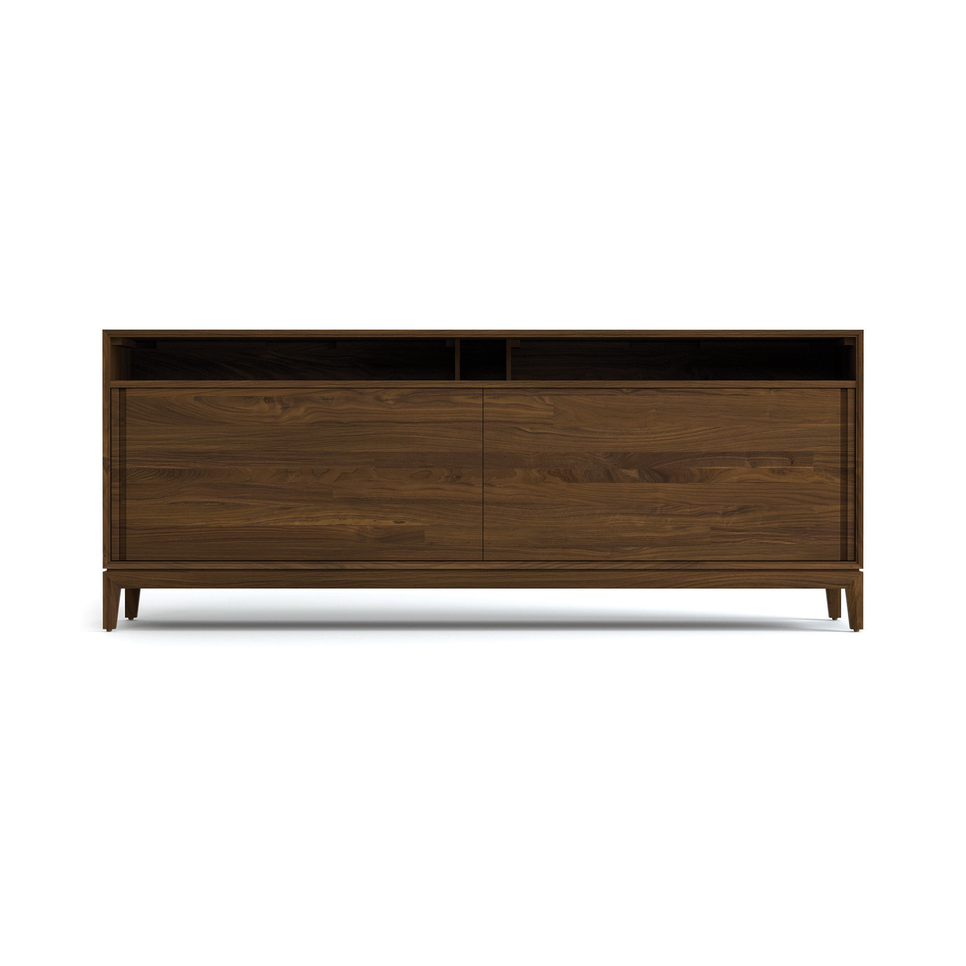 Copeland Furniture Mansfield Media Console in natural hardwood, featuring two shelves and doors, modern American made craftsmanship.
