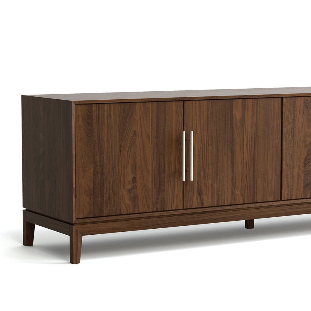 Copeland Furniture Mansfield Media Console with two doors, metal handles, and short legs, crafted in Vermont from solid wood.