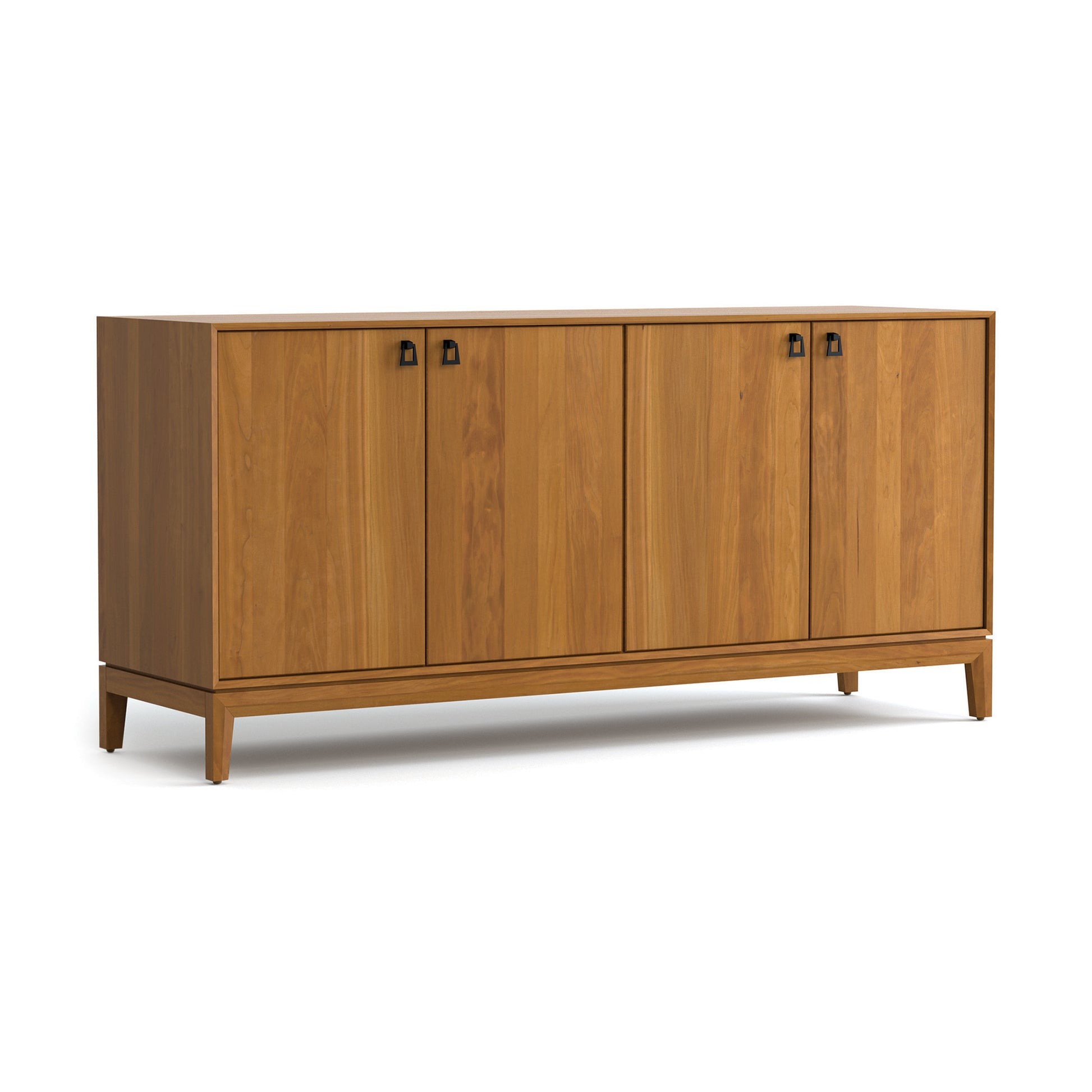 Mansfield Media Console by Copeland Furniture, crafted from solid hardwood with four doors and black square handles, American made.