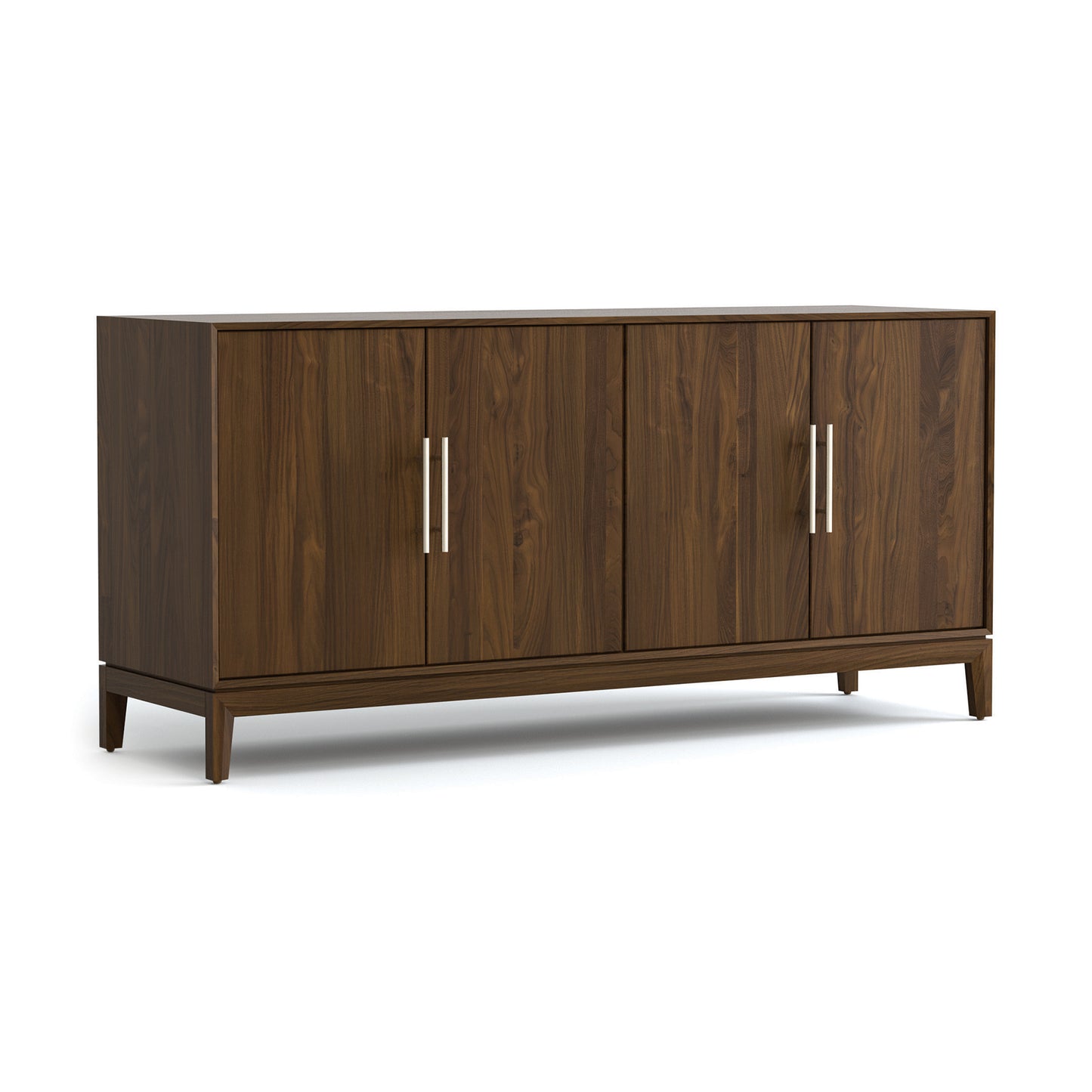 Copeland Furniture Mansfield Media Console with four doors, metal handles, and short legs crafted in American-made wood furniture.