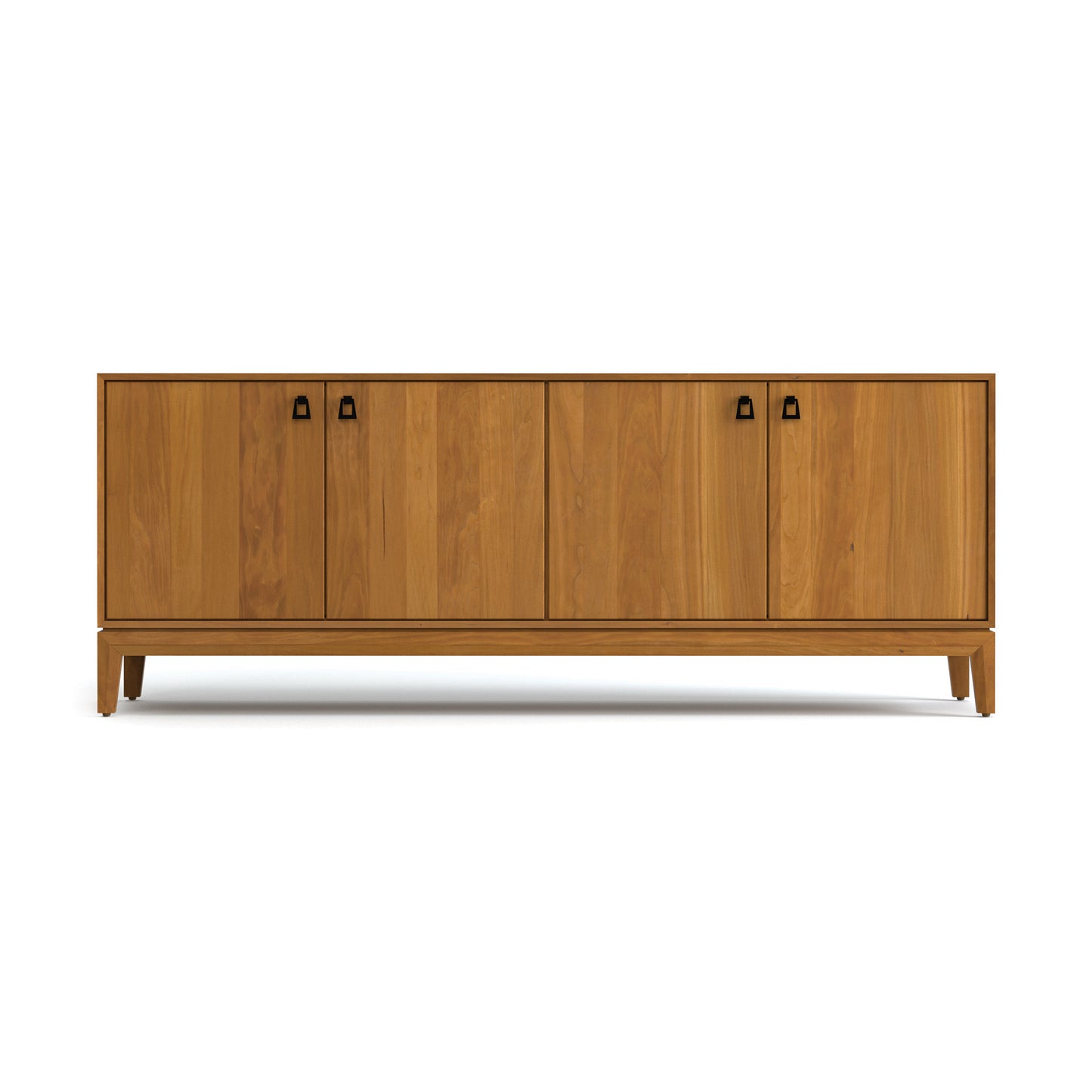 Mansfield Media Console by Copeland Furniture, mid-century modern, rectangular with four doors, black handles, and short legs. American made.