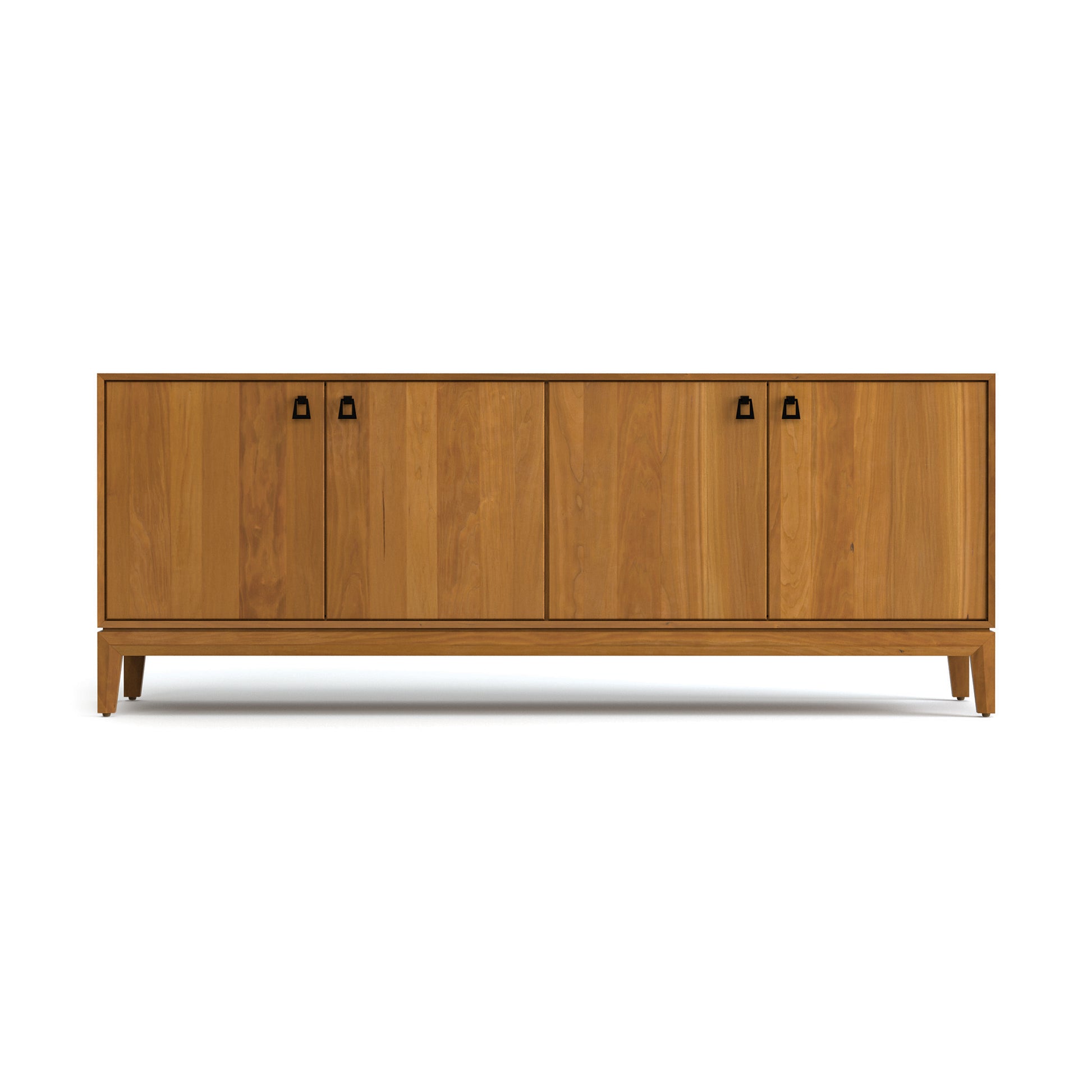 Mansfield Media Console by Copeland Furniture, mid-century modern, rectangular with four doors, black handles, and short legs. American made.