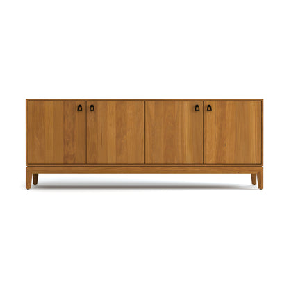 Mansfield Media Console by Copeland Furniture, mid-century modern, rectangular with four doors, black handles, and short legs. American made.