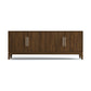 Mansfield Media Console by Copeland Furniture in solid hardwood features a mid-century design with 4 doors, silver handles, and short legs.