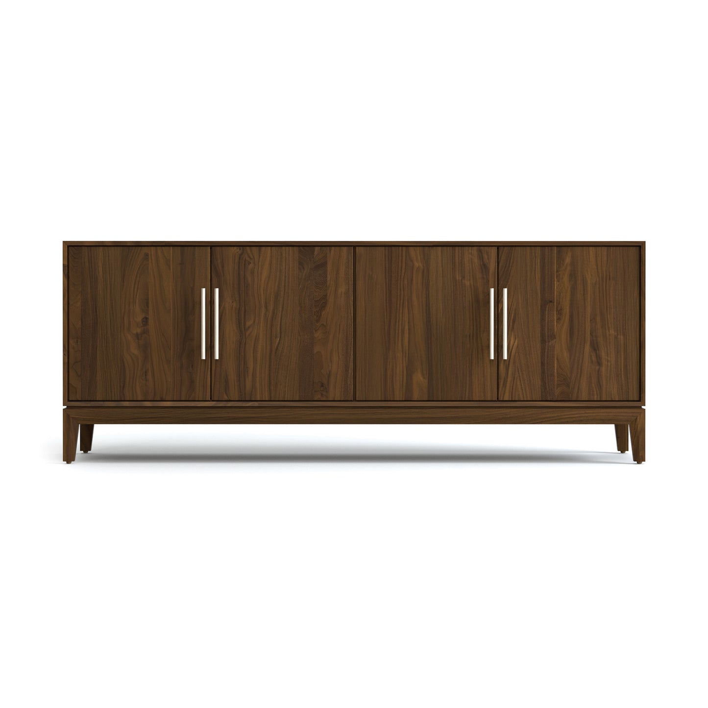 Mansfield Media Console by Copeland Furniture in solid hardwood features a mid-century design with 4 doors, silver handles, and short legs.