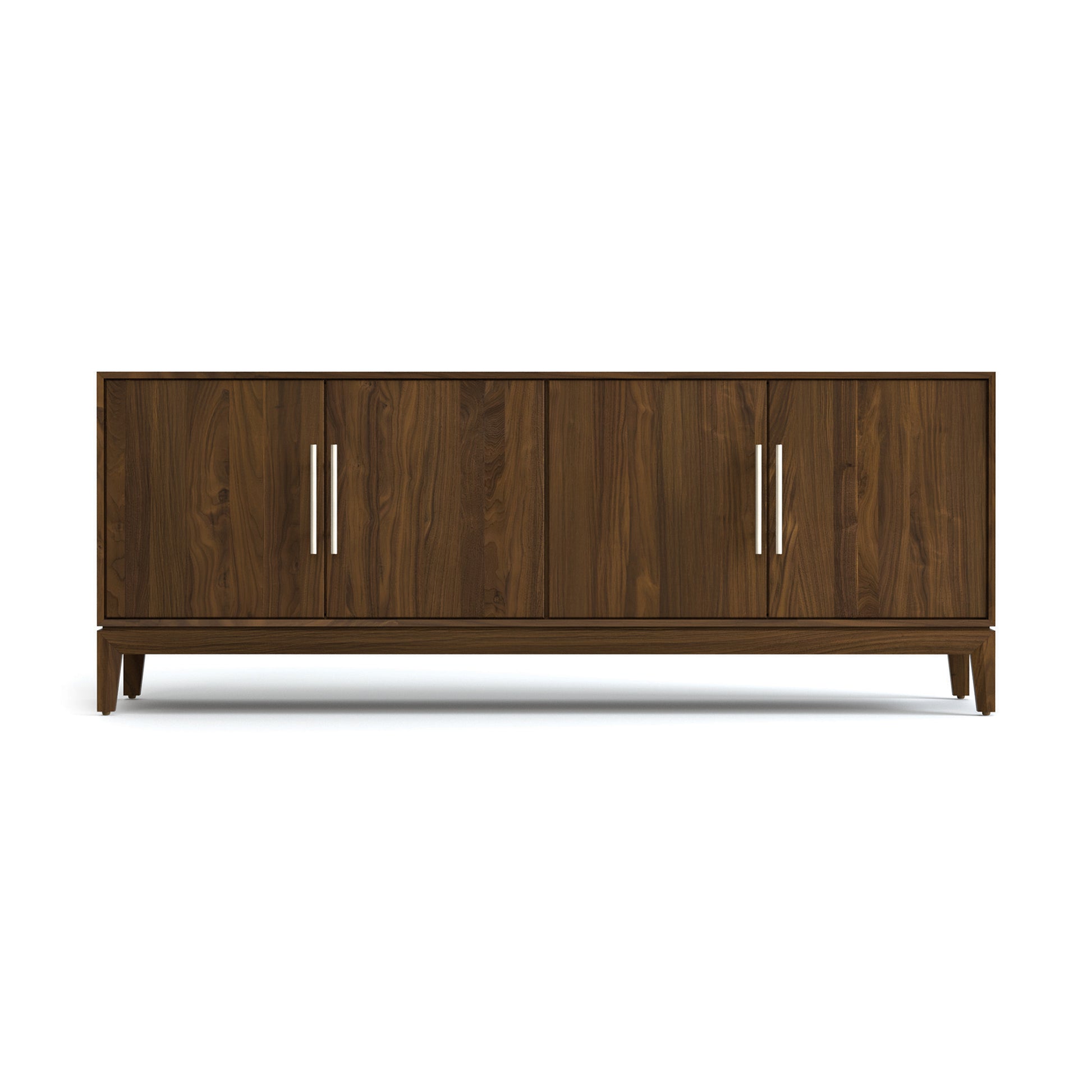 Mansfield Media Console by Copeland Furniture in solid hardwood features a mid-century design with 4 doors, silver handles, and short legs.